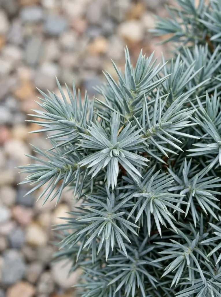 Detalle de las acículas plateadas del Juniperus squamata 'Blue Star', un estándar profesional de vigor botánico.