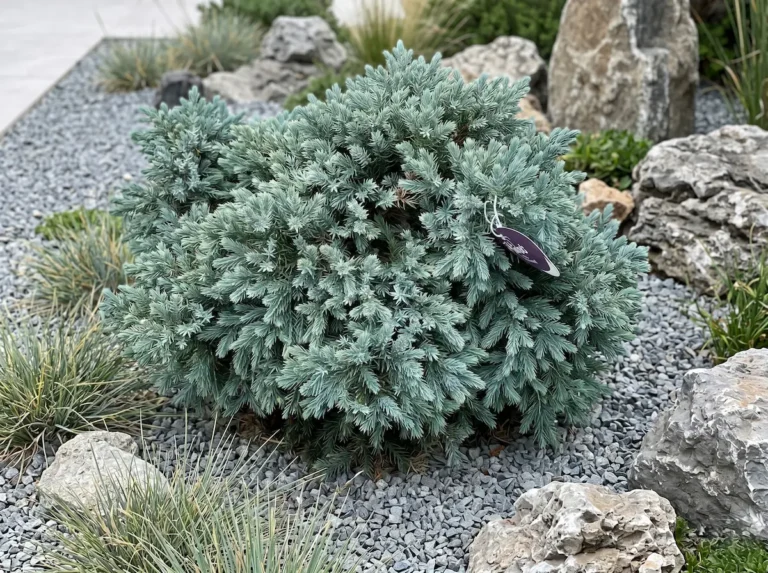 Ejemplar de Juniperus squamata 'Blue Star' de 30 cm de altura, mostrando su integración paisajística bajo un estándar profesional.