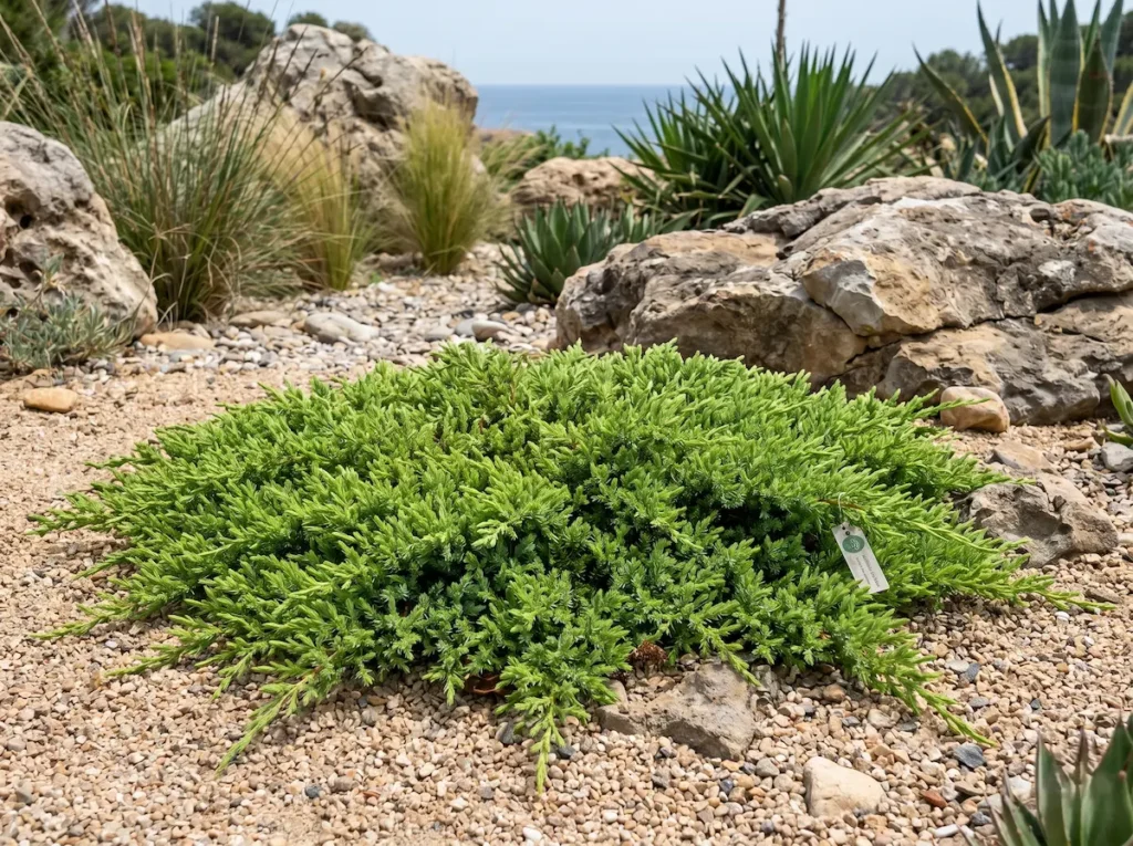 Ejemplar de Juniperus conferta 'Schlager' de porte rastrero, mostrando su integración paisajística bajo un estándar profesional.