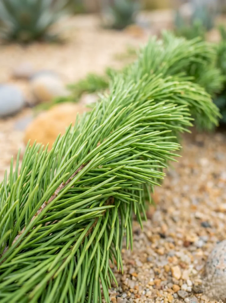 Detalle de las acículas suaves del Juniperus conferta 'Schlager', un estándar profesional de vigor botánico.