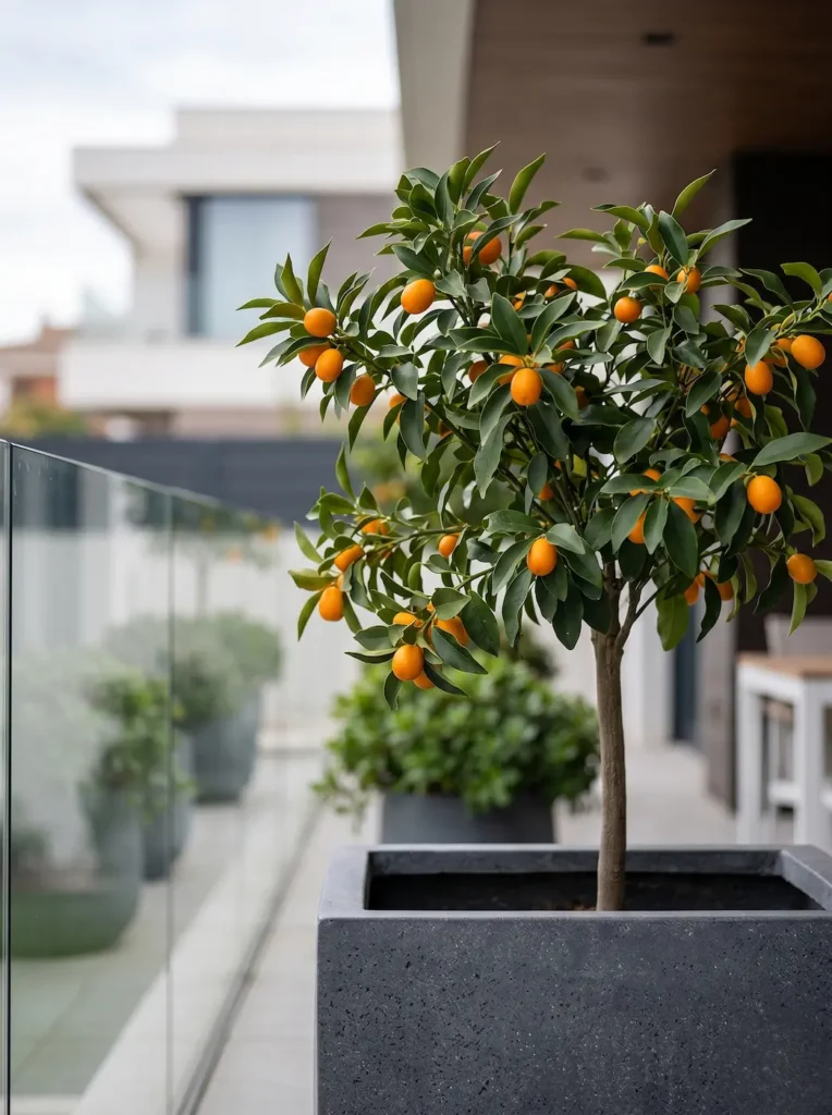 Primer plano de las hojas brillantes y frutos anaranjados de un joven kumquat, aportando color y frescura visual a un balcón urbano realista.