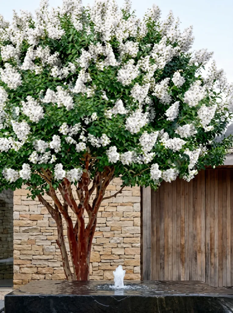 Lagerstroemia indica'Natchez' multitronco con corteza canela y floración blanca pura grande junto a una lámina de agua de pizarra natural.