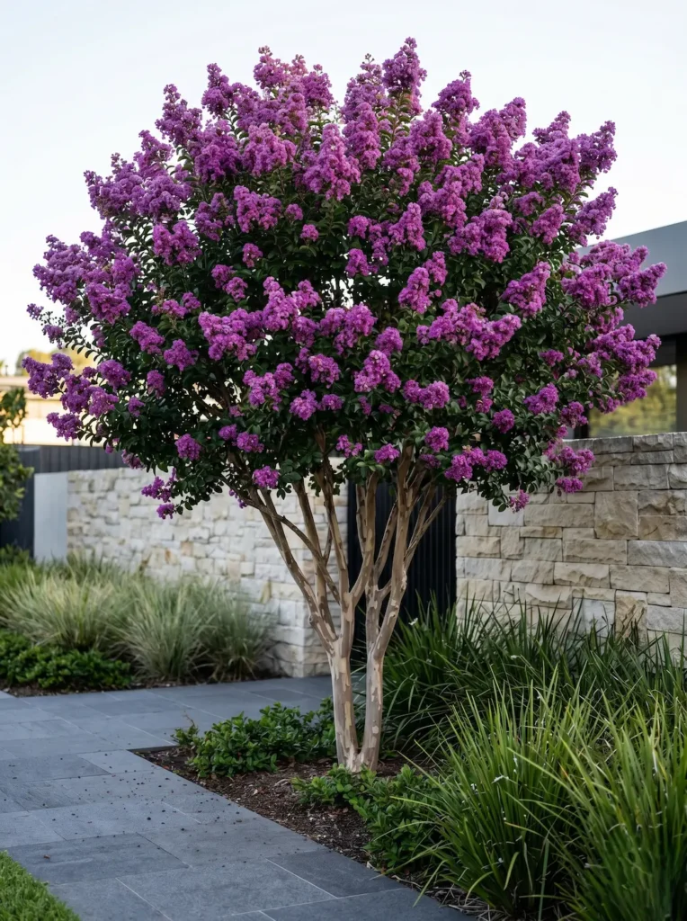 Lagerstroemia indica'Catawba' multitronco con floración púrpura brillante junto a un sendero de granito flameado oscuro.