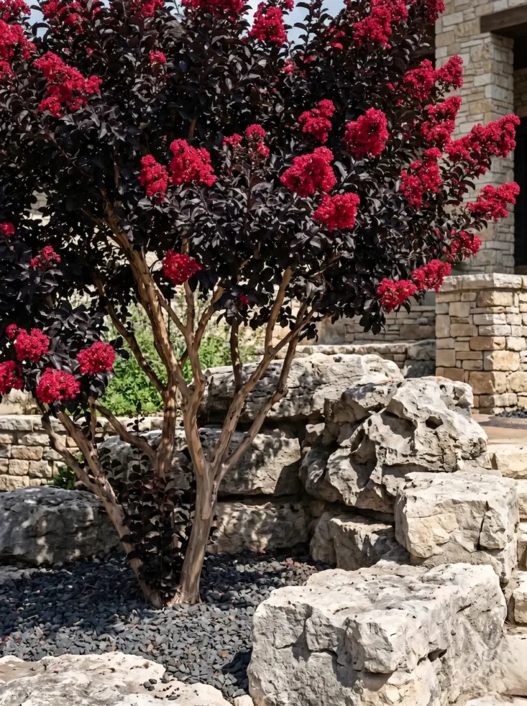 Lagerstroemia indica'Center Stage Red' con follaje negro y floración roja cereza integrada en una rocalla de piedra caliza natural rústica.