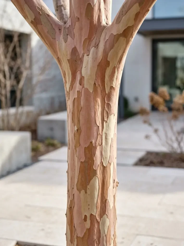 Detalle del tronco liso y escultural de un Árbol de Júpiter en invierno, resaltando la estética contemporánea y el diseño exterior.
