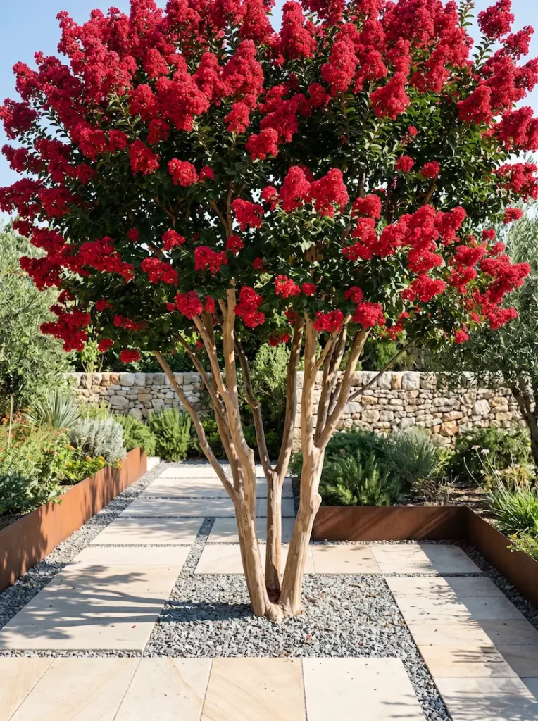 Lagerstroemia indica'Dynamite' multitronco de talla vivero con floración roja vibrante y corteza auténtica exfoliante junto a acero corten y piedra arenisca.