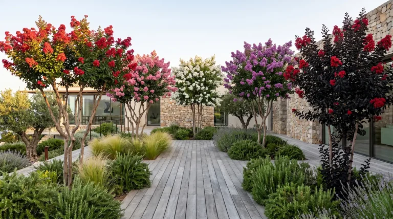 Composición panorámica de cinco cultivares de Lagerstroemia indica integrados en un jardín de diseño contemporáneo con piedra natural y madera envejecida