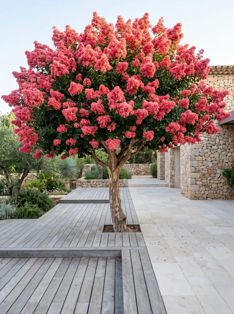 Lagerstroemia indica'Tuscarora' en porte arbóreo con floración coral grande junto a un pavimento de madera envejecida y piedra natural dry-stack.