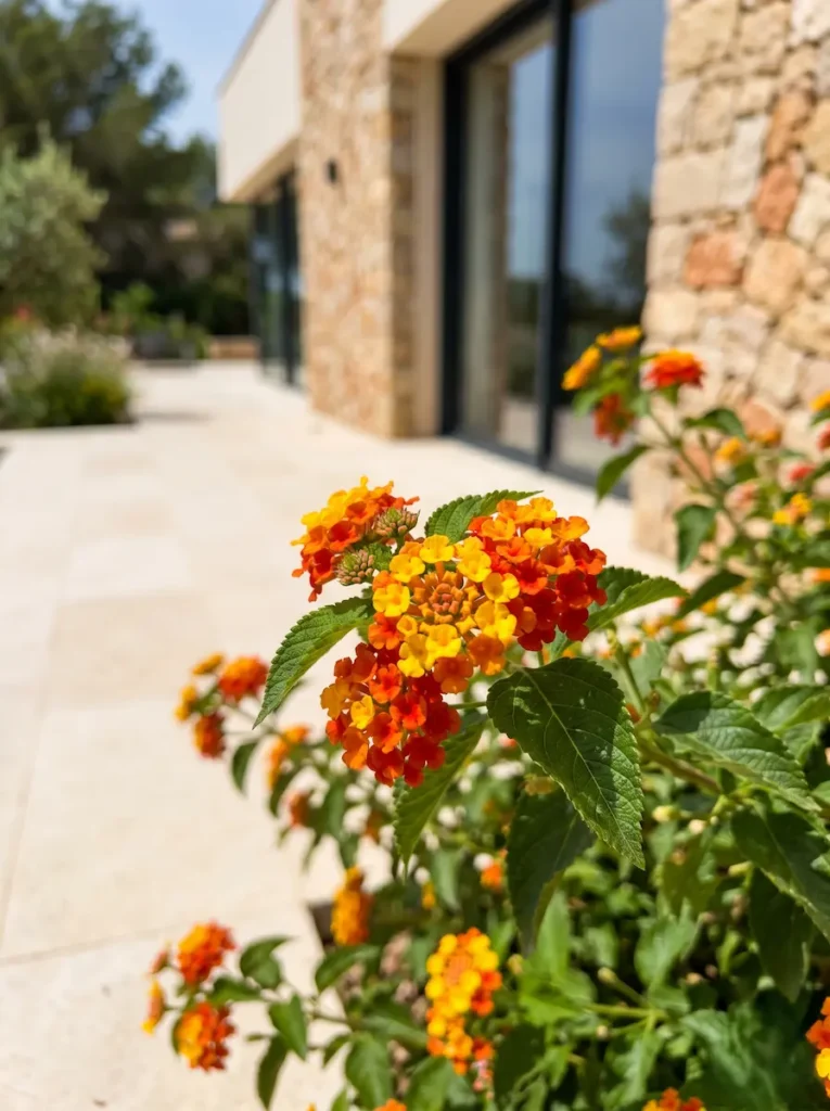 Detalle de flores de Lantana camara mostrando la transición de colores bajo el sol