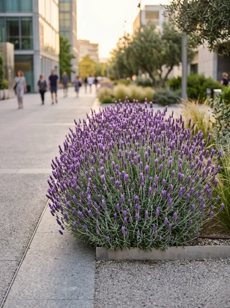 Plano medio de una composición vegetal naturalista donde las flores de la Lavanda (Lavandula latifolia) atraen polinizadores, con un fondo difuminado de pavimento claro.