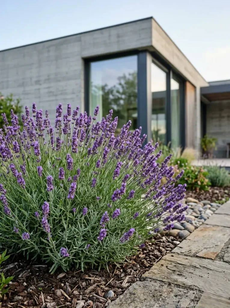 Macizo de lavanda perfectamente establecido funcionando como nexo vegetal frente a los ventanales de una arquitectura contemporánea.