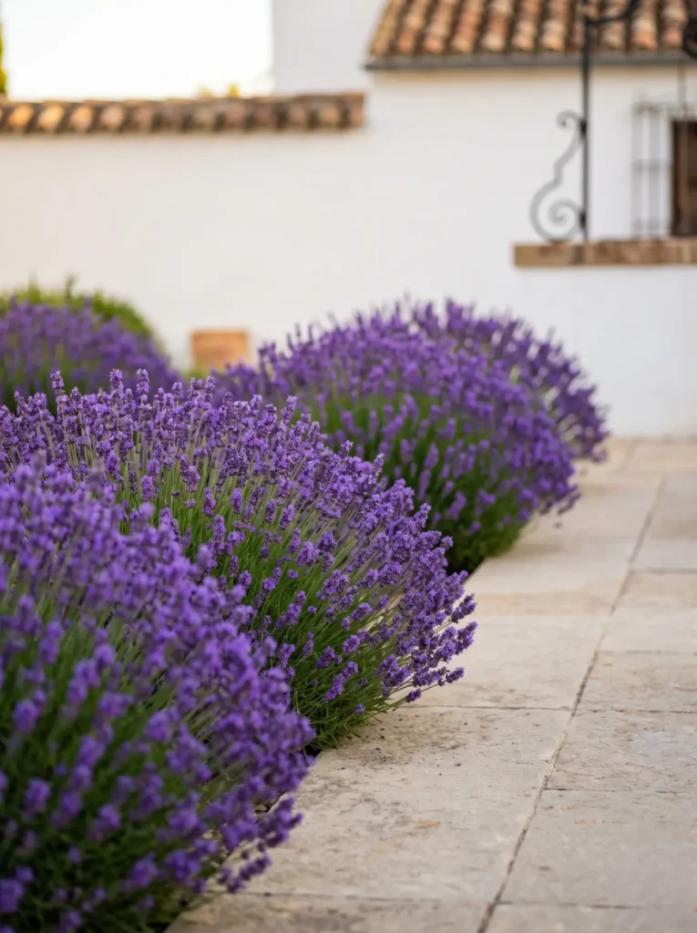 Macizo de lavandas florecidas atrayendo polinizadores, aportando calidad olfativa y visual al diseño exterior.