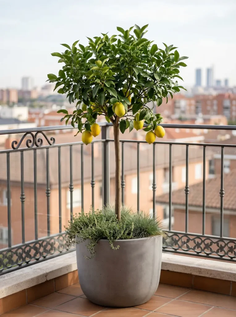 Plano medio de la copa frondosa de un pequeño árbol frutal en maceta, destacando el equilibrio entre el follaje y las plantas tapizantes que lo acompañan en la base.