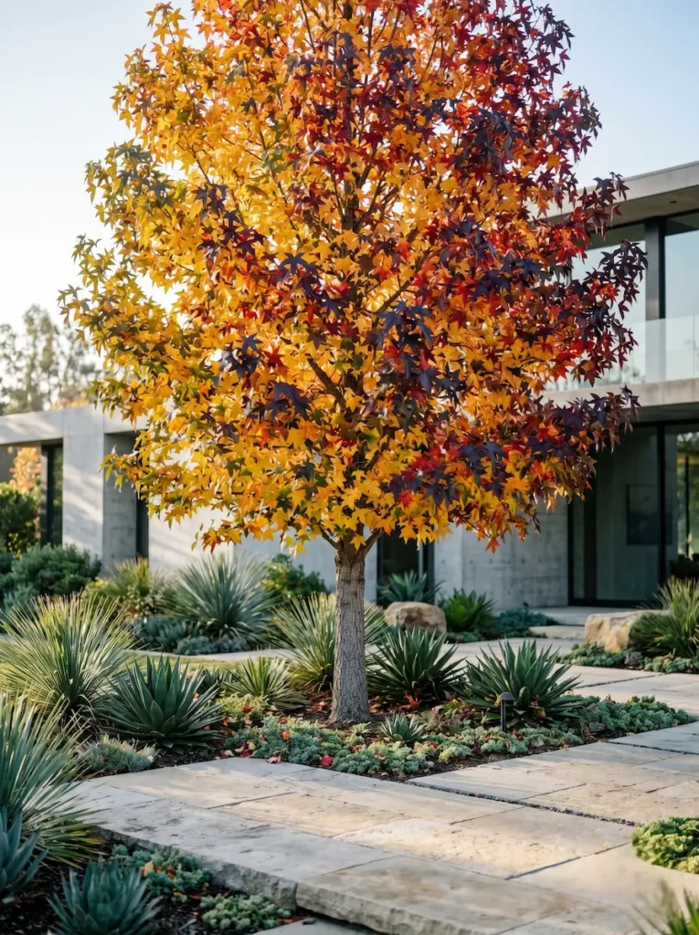 Ejemplar de Liquidámbar (Liquidambar styraciflua) en pleno otoño, aportando un espectáculo de calidad y un diseño cuidado.
