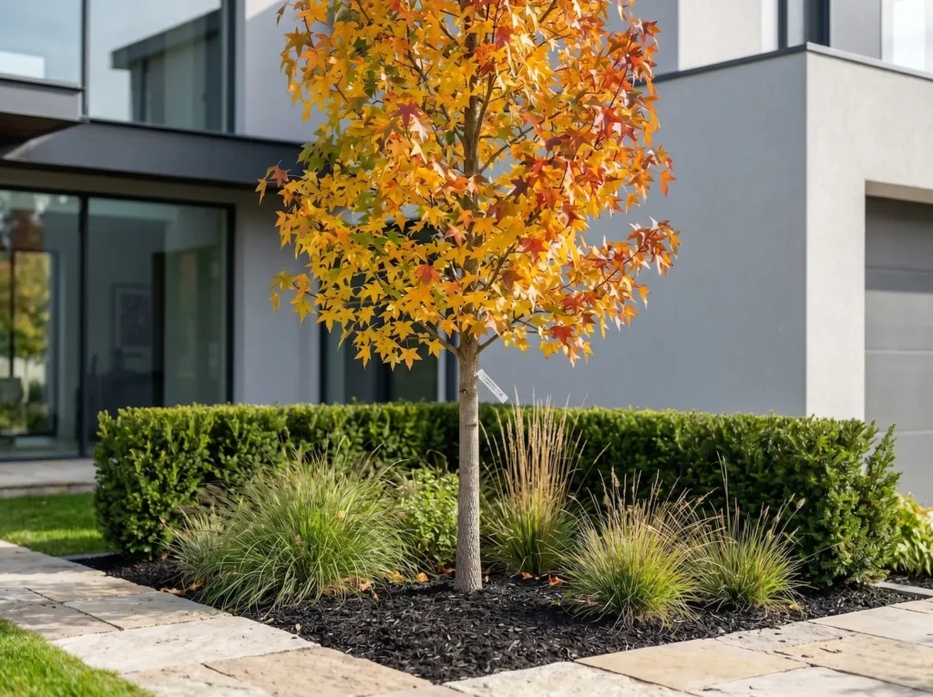 Ejemplar de Liquidambar styraciflua de 4 metros con cruz a 1,80 m, mostrando su integración paisajística bajo un estándar profesional.
