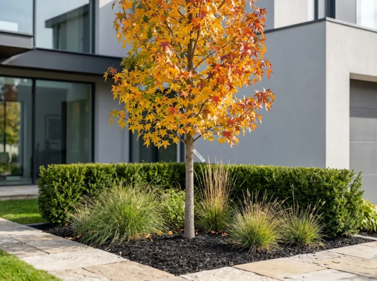 Ejemplar de Liquidambar styraciflua de 4 metros con cruz a 1,80 m, mostrando su integración paisajística bajo un estándar profesional.