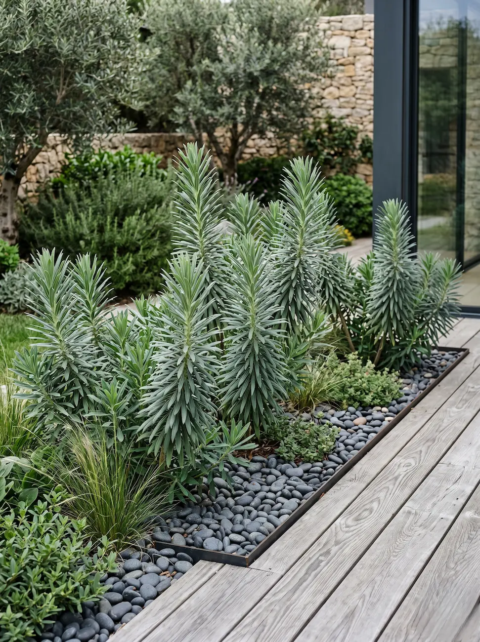 Euphorbia characias Una vez superada su explosiva floración primaveral la planta mantiene un cilindro recio de hojas glaucas y cenicientas que estructura el parterre