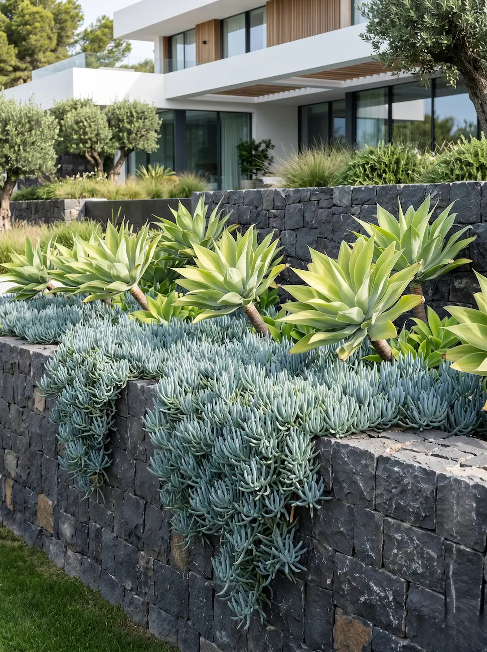 Tapiz denso de Senecio azul desbordándose sobre un muro de contención de piedra natural clara frente a una fachada de estuco