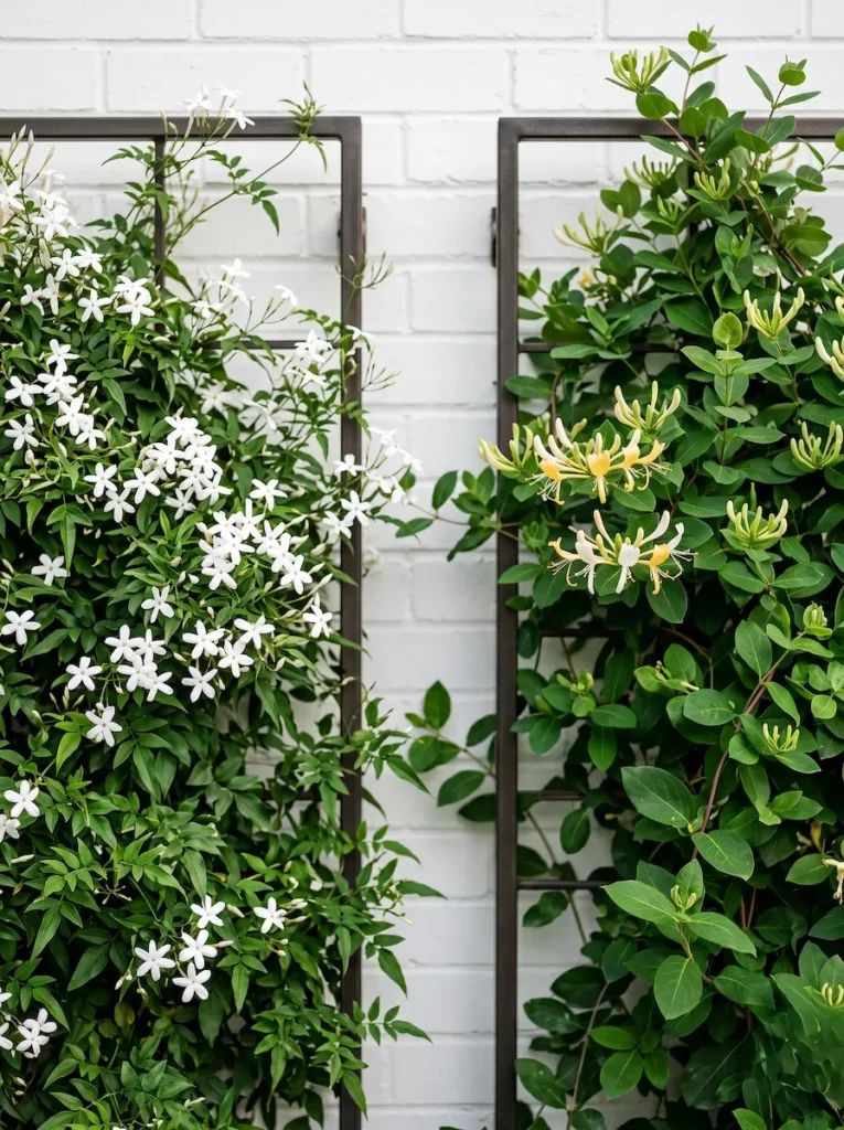 Primer plano de flores de jazmín y madreselva entrelazadas sobre una celosía de acero moderna en un patio residencial.