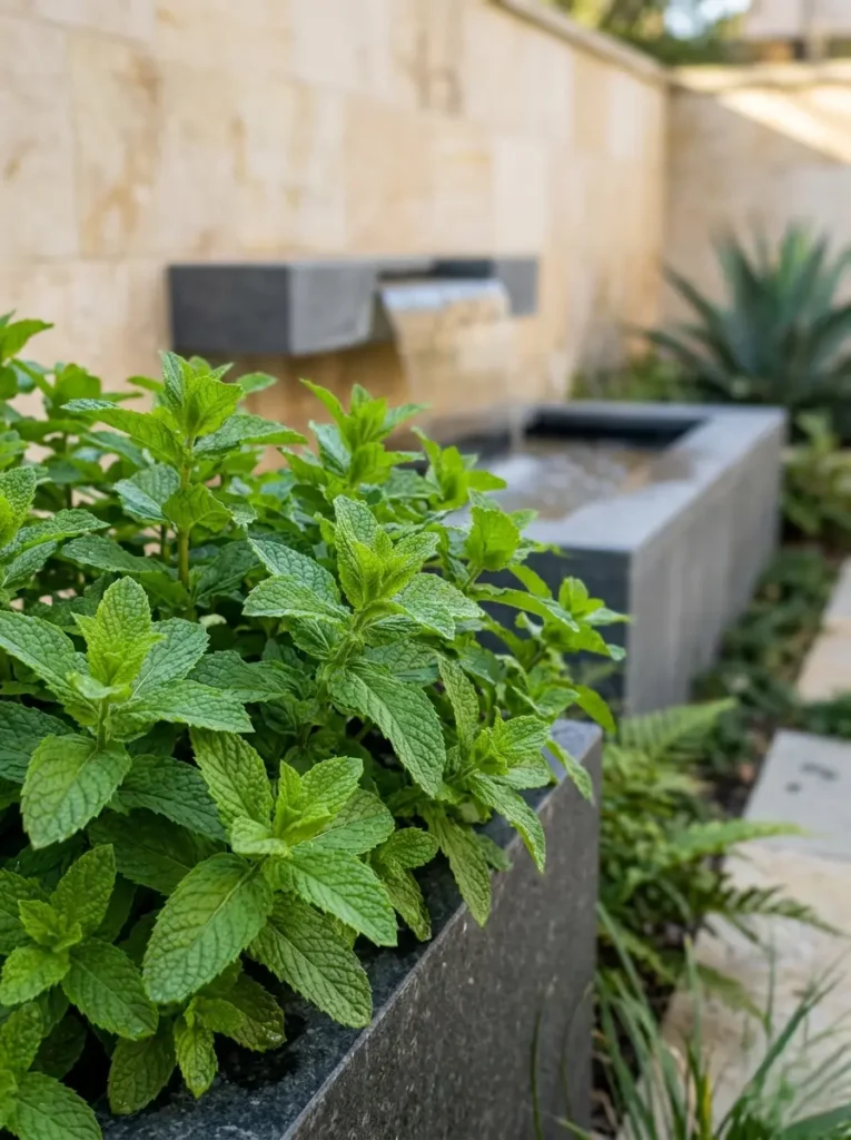 Primer plano de hojas de hierbabuena de un verde intenso junto a una fuente moderna, aportando una dimensión olfativa al jardín confinado.