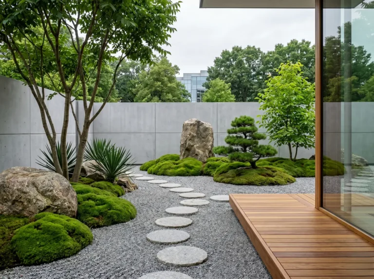 jardín japonés con espacio reducido integrado por grava Arces japoneses piedras y musgo y suelos de madera bien cuidada