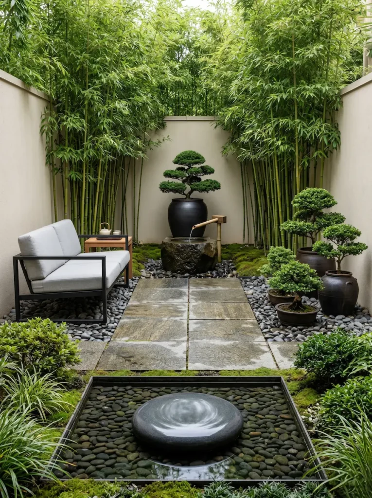 minijardin zen 1 jardinesconestiloblog jardín estilo japonés en superficie reducida compuesto de bambú ilex crenata formado y juegos de agua