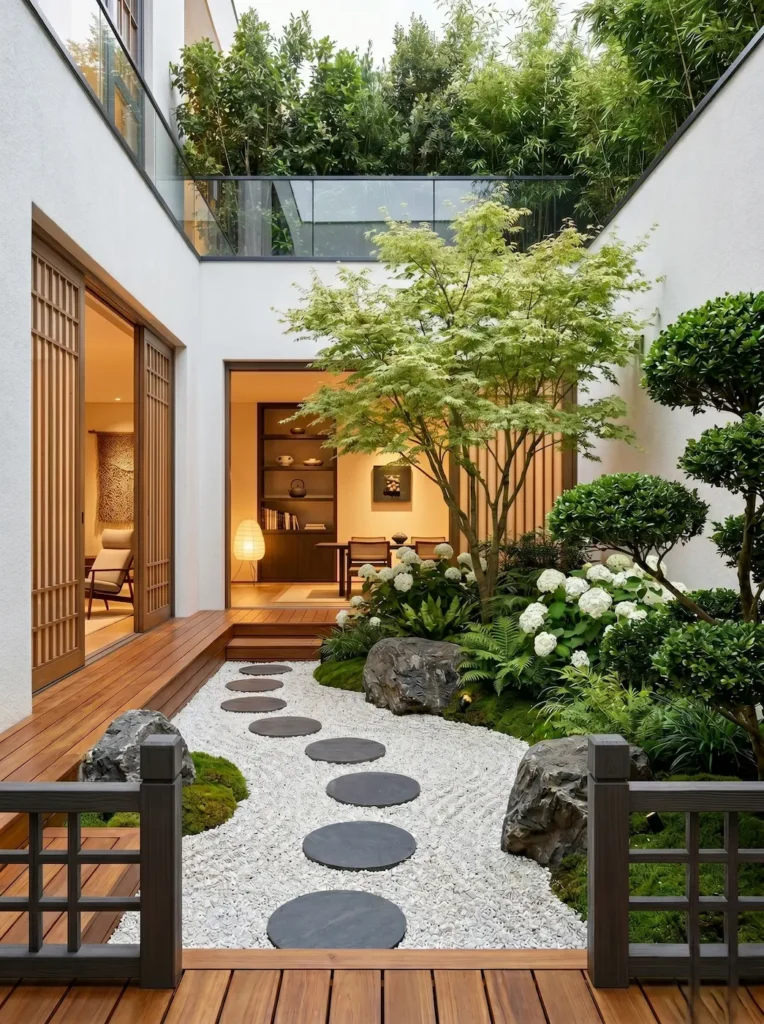 minijardin zen 4 jardinesconestiloblog bajo con jardín estilo japonés ambientado con rocas grava acer palmatum e iluminación cálida en el interior