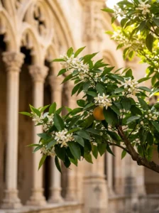 Primer plano de las hojas, flores y frutos del naranjo amargo, aportando un nexo vegetal de excelencia.