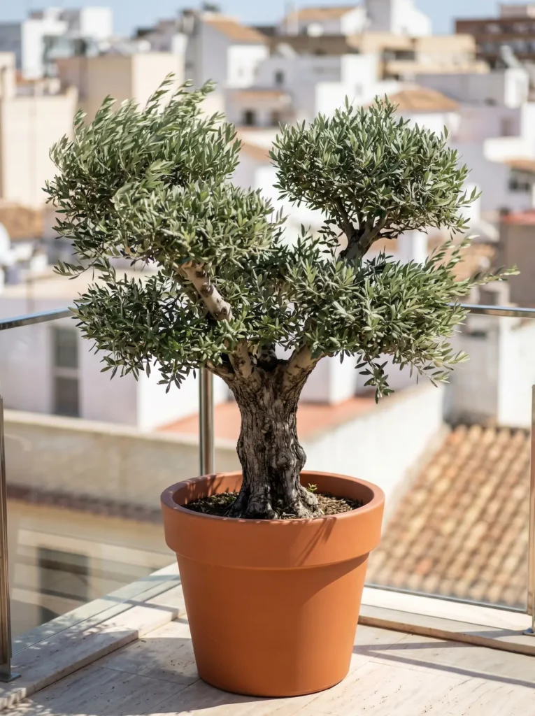 Un robusto árbol de olivo en maceta exterior resistiendo el viento en un ático urbano, aportando calidad visual y excelencia botánica.
