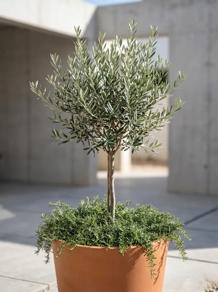Follaje plateado de un olivo joven en maceta, proyectando sombras sobre un muro limpio en un patio privado de diseño contemporáneo.