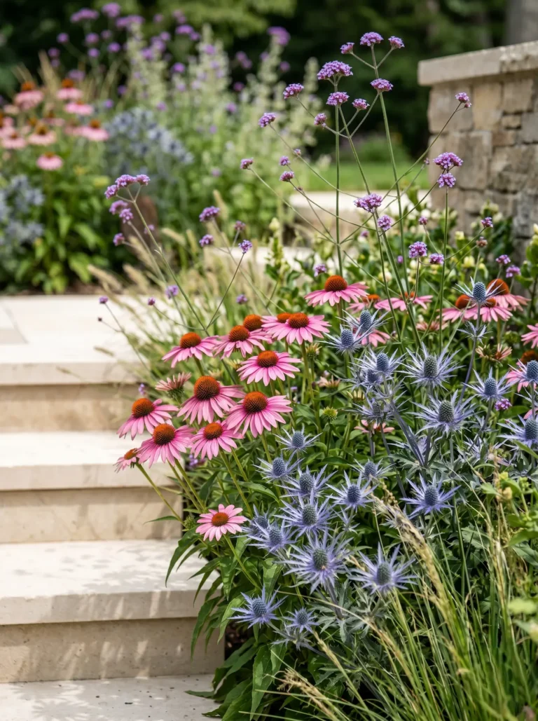 Detalle botánico entrelazado de equináceas rosadas cardo corredor azul y verbena violeta junto a escalones de piedra natural