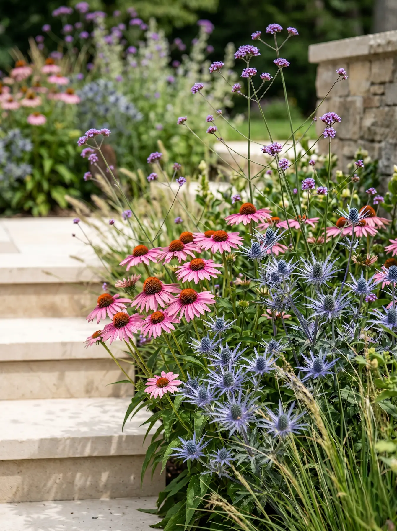 Detalle botánico entrelazado de equináceas rosadas cardo corredor azul y verbena violeta junto a escalones de piedra natural