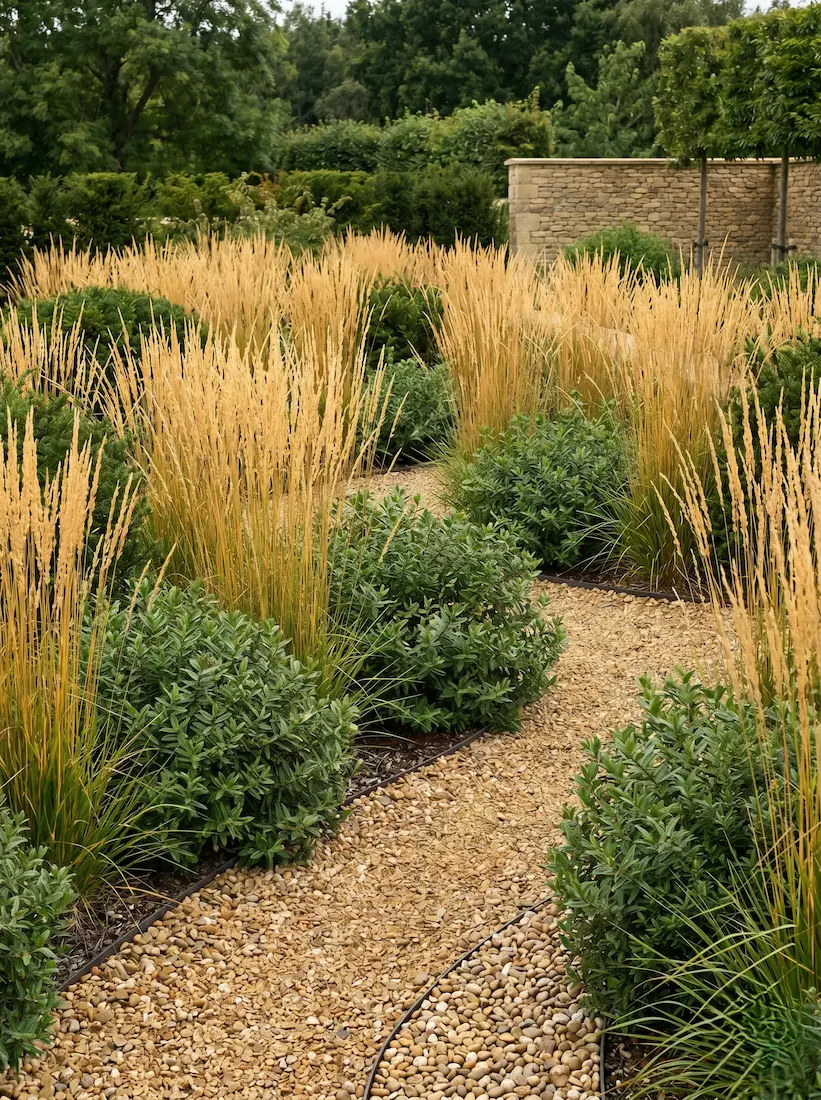 Tapiz vertical de gramíneas calamagrostis mezcladas con arbustos perennes de porte libre junto a un sendero de grava