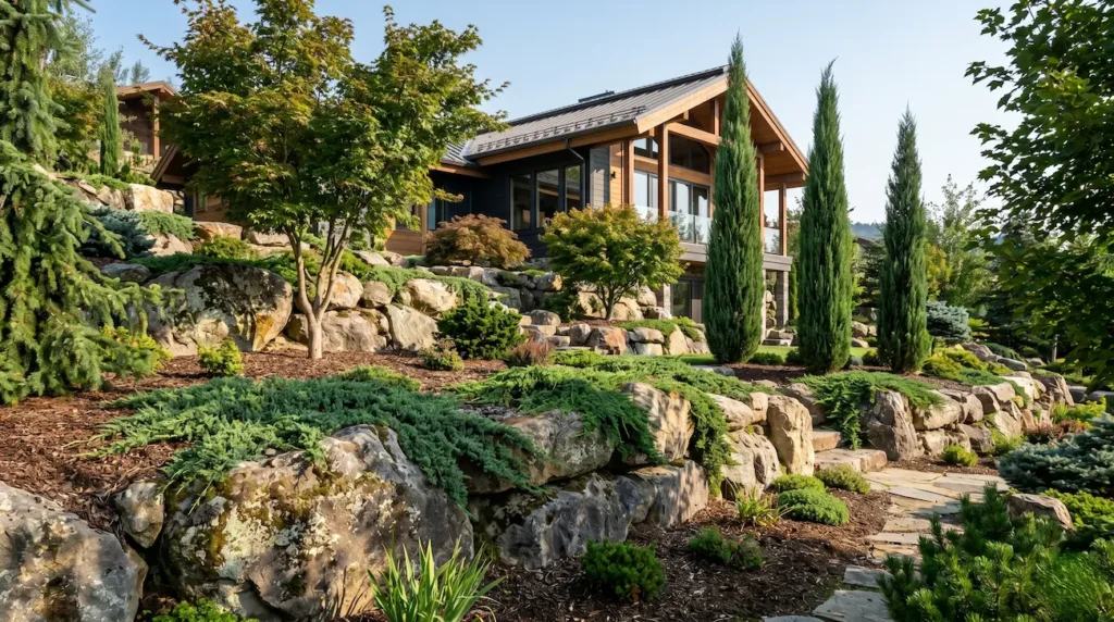 Diseño de un jardín con desnivel resuelto con rocas y coníferas tapizantes, mostrando una integración paisajística frente a una casa de estilo rústico.