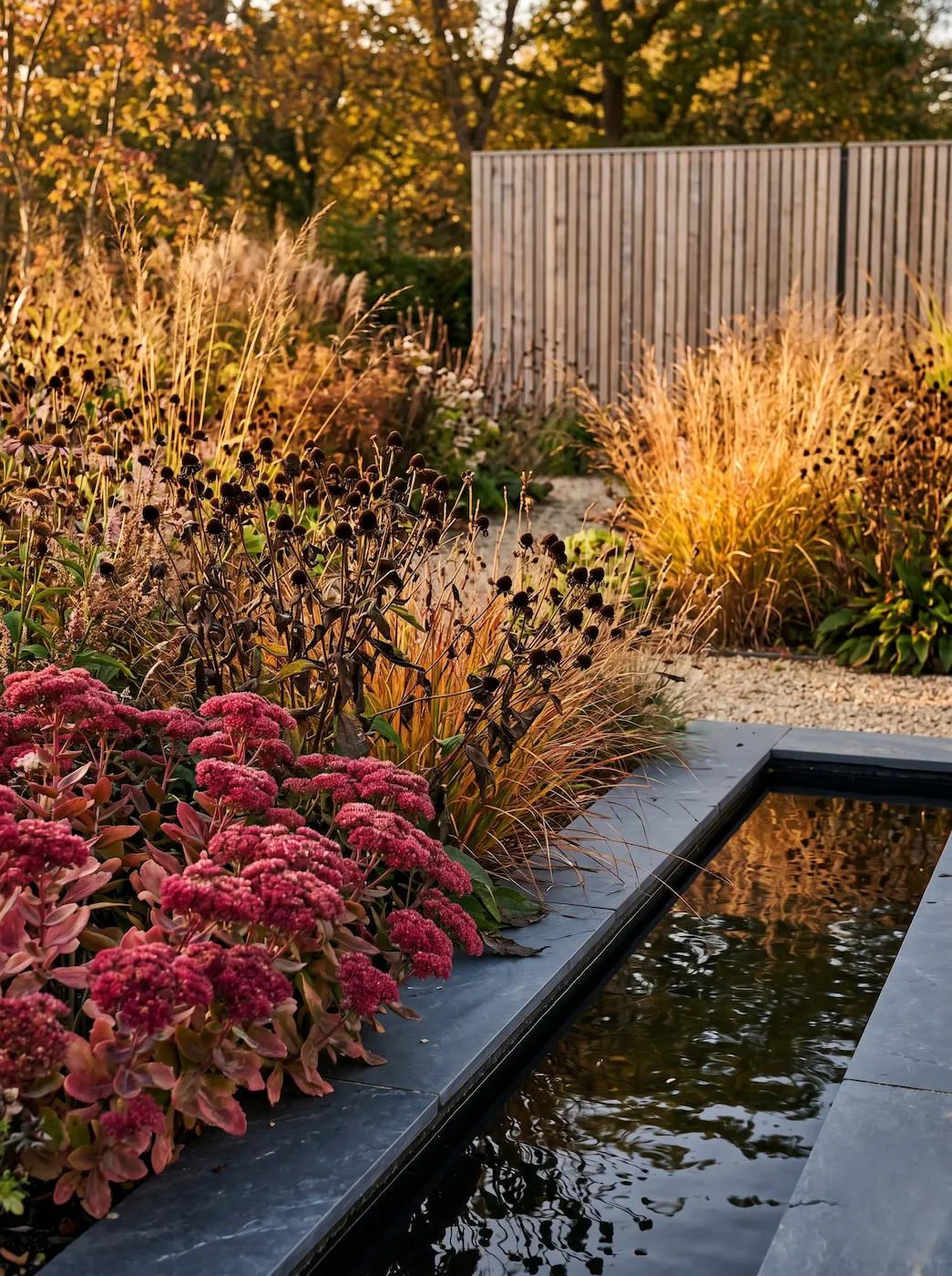 Sedum magenta y cabezas de semillas oscuras de rudbeckia abrazando el borde de piedra de un estanque formal en otoño
