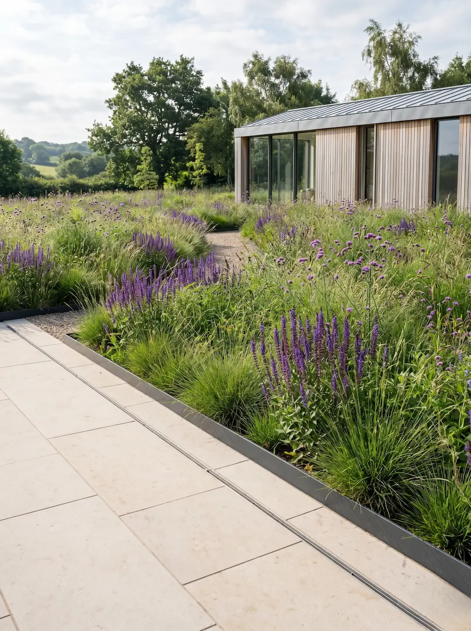 Terraza de piedra caliza delimitando una pradera silvestre de festuca y salvia manteniendo la arquitectura residencial limpia y despejada