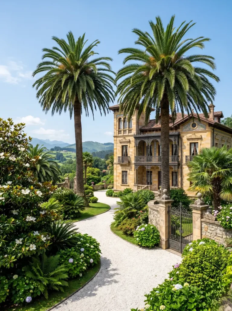 Par de palmeras canarias enmarcando un camino de grava en un jardín histórico, reflejando un diseño cuidado y el exotismo de la época indiana.