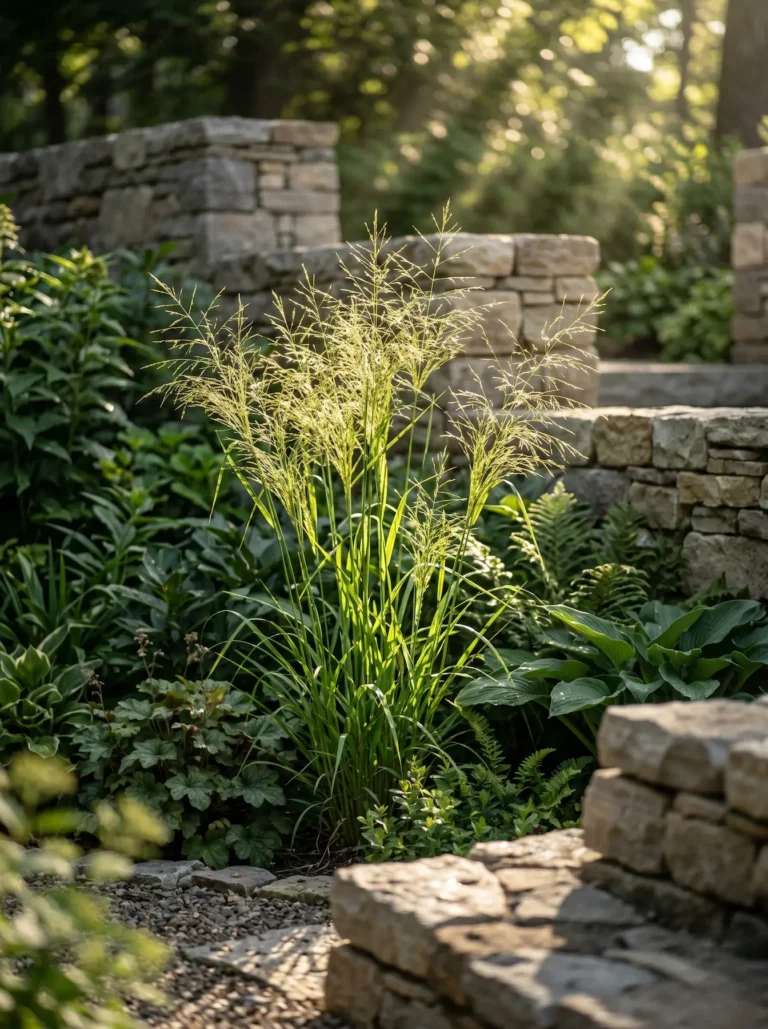 Primer plano arquitectónico de las sutiles inflorescencias en forma de nube del Panicum virgatum capturando la luz natural con un fondo desenfocado de follaje oscuro y piedra seca