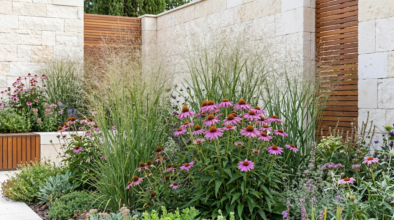 Extensas derivas de pasto de varillas Panicum virgatum con sus panículas etéreas y tonos otoñales entrelazadas con flores estructuradas frente a elegantes muros de piedra caliza y lamas de madera