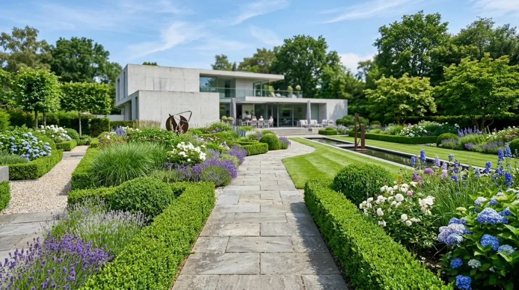 Perspectiva de un jardín residencial contemporáneo mostrando la convivencia armónica entre especies perennes de estructura y flores anuales vibrantes frente a una villa minimalista.