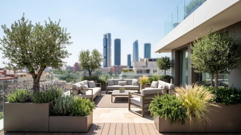Detalle de jardineras de resina de alta tecnología en un ático, evidenciando un diseño cuidado que respeta la capacidad de carga estructural del edificio.