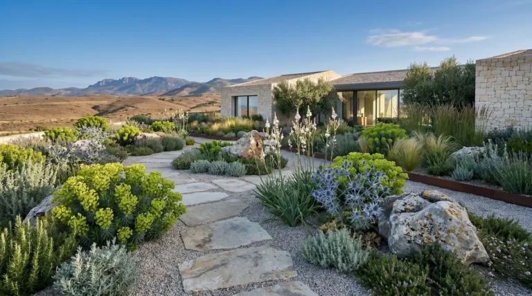 Jardín contemporáneo en la meseta combinando especies autóctonas de aspecto exótico, un ejemplo de integración paisajística frente a la arquitectura de secano.