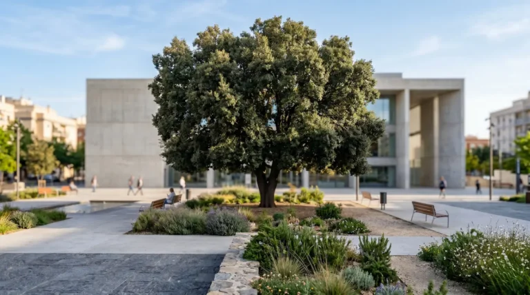 Plano panorámico de una plaza contemporánea donde el volumen orgánico de una Encina (Quercus ilex) se integra magistralmente frente a la arquitectura civil desenfocada, evidenciando un diseño cuidado.
