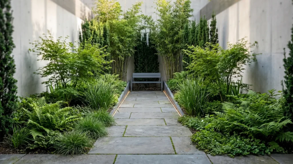 Plano panorámico de un patio urbano de dimensiones mínimas donde un diseño cuidado y una integración paisajística de excelencia amplían visualmente el espacio frente a una obra civil desenfocada.