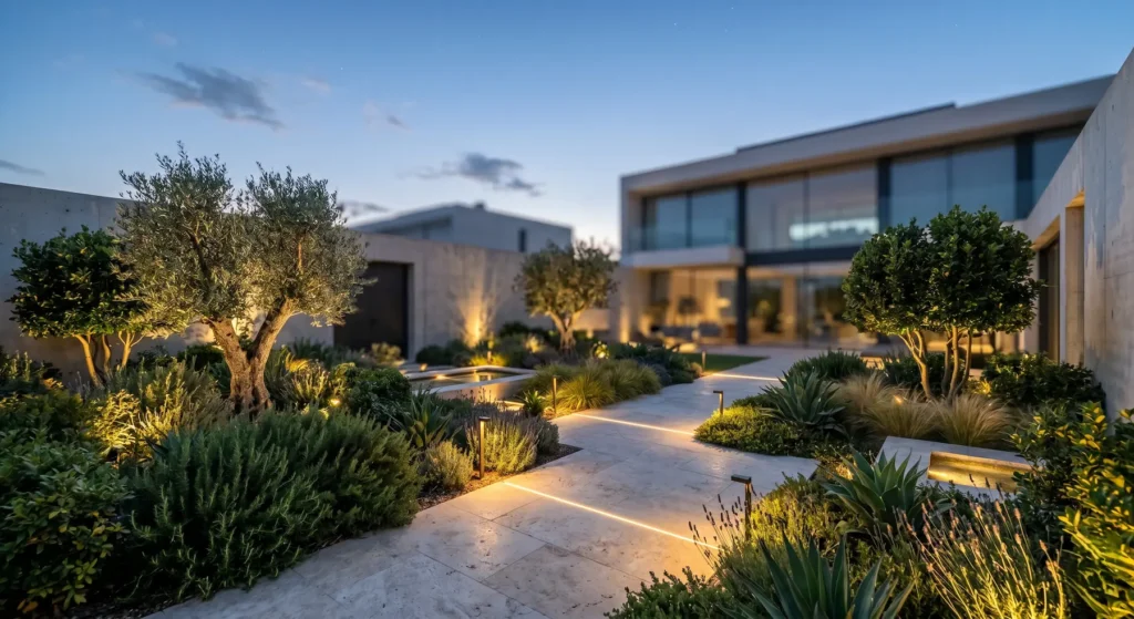 Plano panorámico de un jardín de estética contemporánea al anochecer, donde una escenografía lumínica de calidad resalta la composición vegetal frente a la arquitectura civil desenfocada.