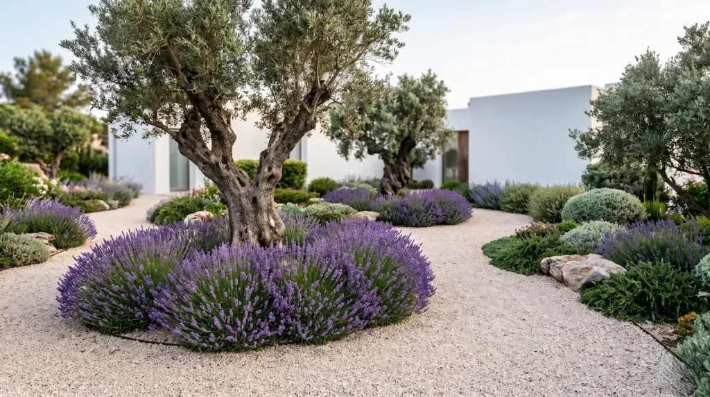 Perspectiva de un paisajismo de autor demostrando la belleza de un jardín mediterráneo contemporáneo, con áridos claros, olivos y un diseño cuidado.