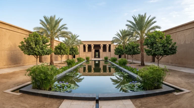 Vista panorámica de un jardín del Antiguo Egipto que refleja un diseño cuidado mediante un estanque geométrico central, rodeado por una composición vegetal de papiro (Cyperus papyrus), loto azul (Nymphaea caerulea), palmeras datileras (Phoenix dactylifera) y sicomoros (Ficus sycomorus), demostrando un alto estándar profesional de integración paisajística.