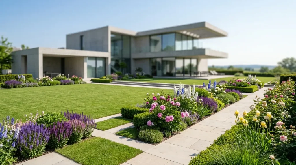Perspectiva general de un jardín residencial contemporáneo en pleno mes de mayo, mostrando una composición vegetal de excelencia y una integración paisajística impecable frente a una villa minimalista.