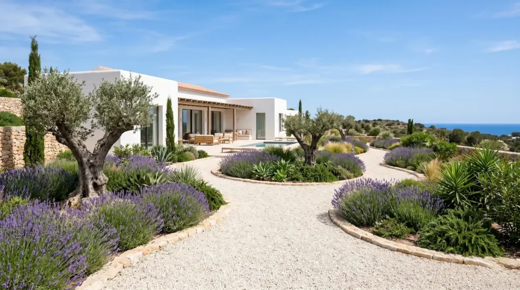Perspectiva de un paisajismo de autor demostrando la belleza de un jardín mediterráneo contemporáneo, con áridos claros, olivos y un diseño cuidado.