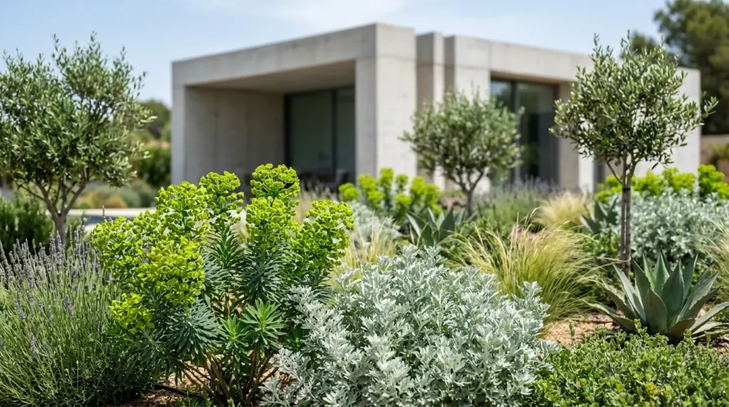 Plano panorámico de un jardín contemporáneo bañado por la luz estival, donde la integración paisajística y un diseño cuidado mantienen un follaje plateado vibrante frente a una arquitectura minimalista.